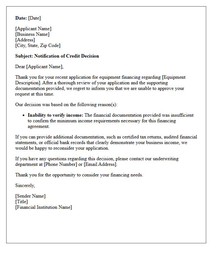 Unverifiable Income Equipment Financing Denial Letter