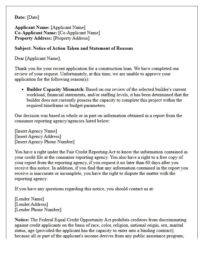Builder Capacity Mismatch Construction Loan Adverse Action Letter