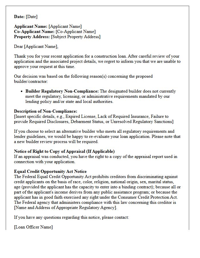 Builder Regulatory Non-Compliance Construction Loan Adverse Action Letter