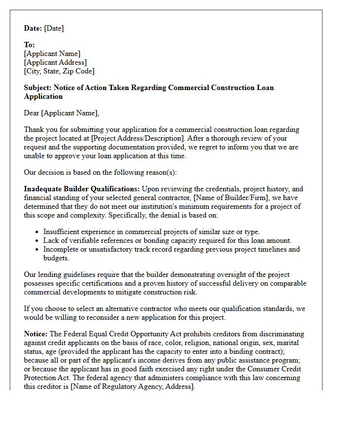 Commercial Construction Loan Denial Letter For Inadequate Builder Qualifications