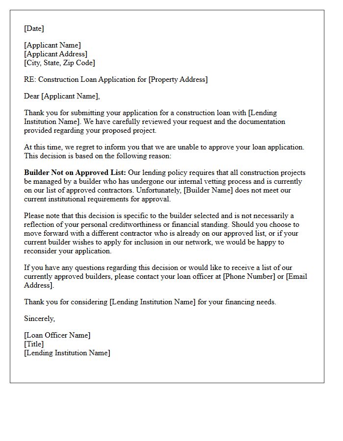 Non-Approved Builder Construction Loan Rejection Letter