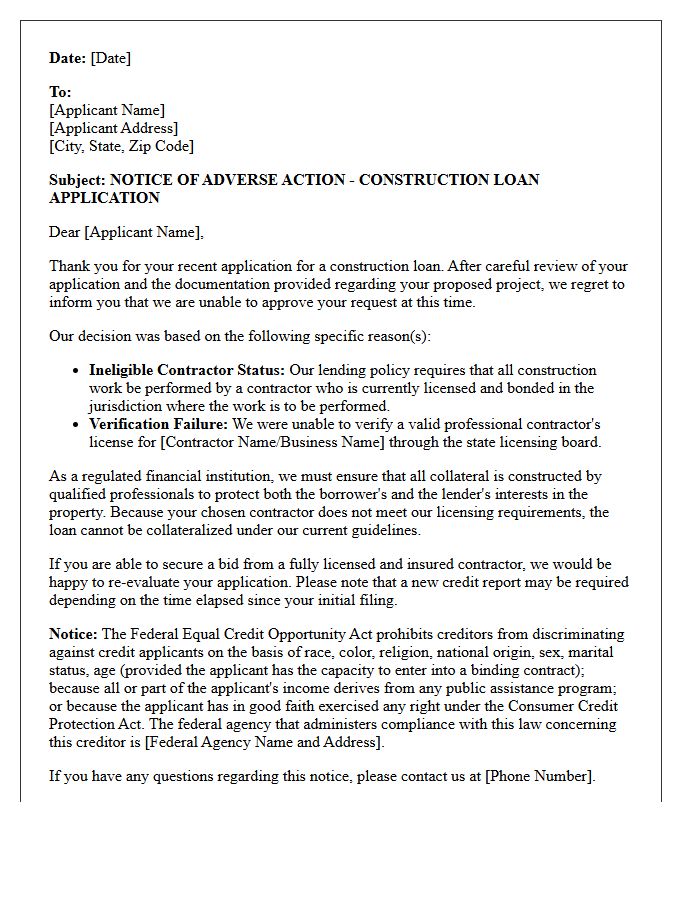 Unlicensed Contractor Construction Loan Adverse Action Letter