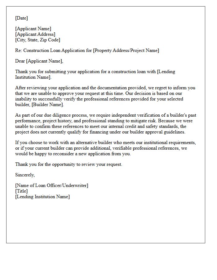 Unverified Builder References Construction Loan Rejection Letter