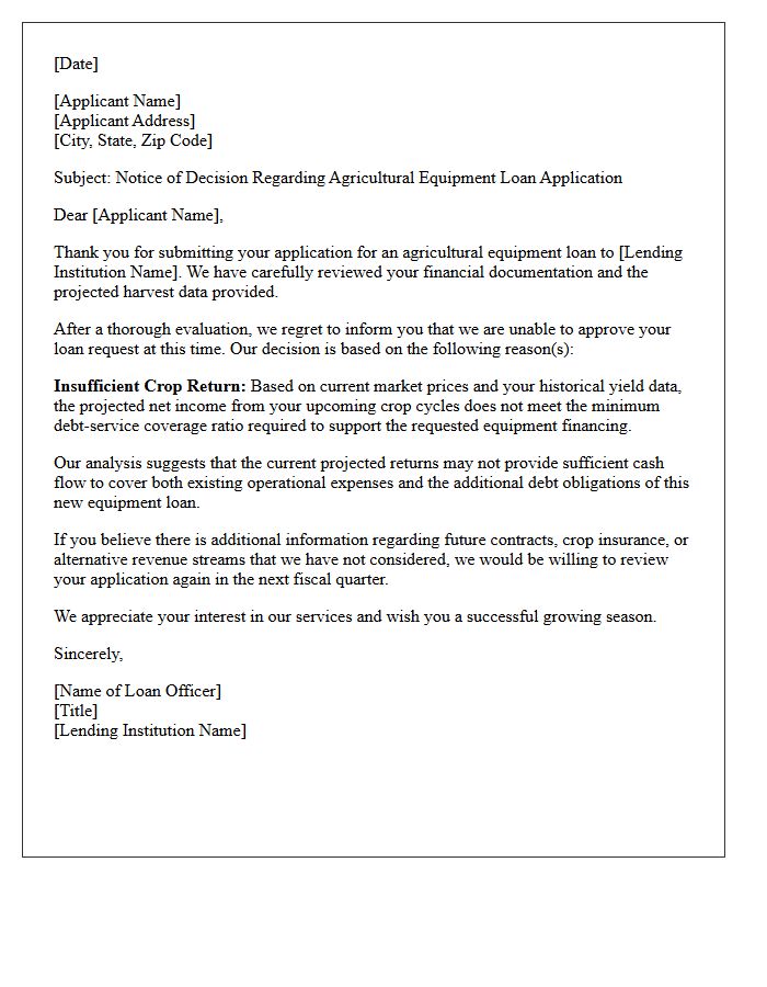 Agricultural Equipment Loan Insufficient Crop Return Rejection Letter