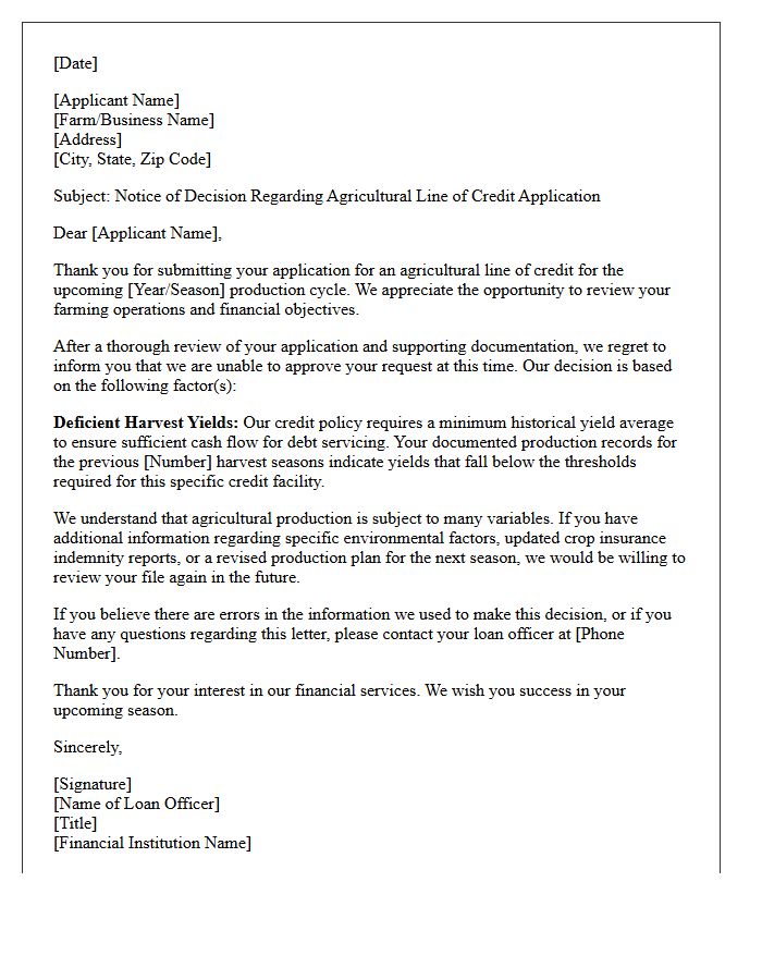 Agricultural Line Of Credit Deficient Harvest Yield Rejection Letter