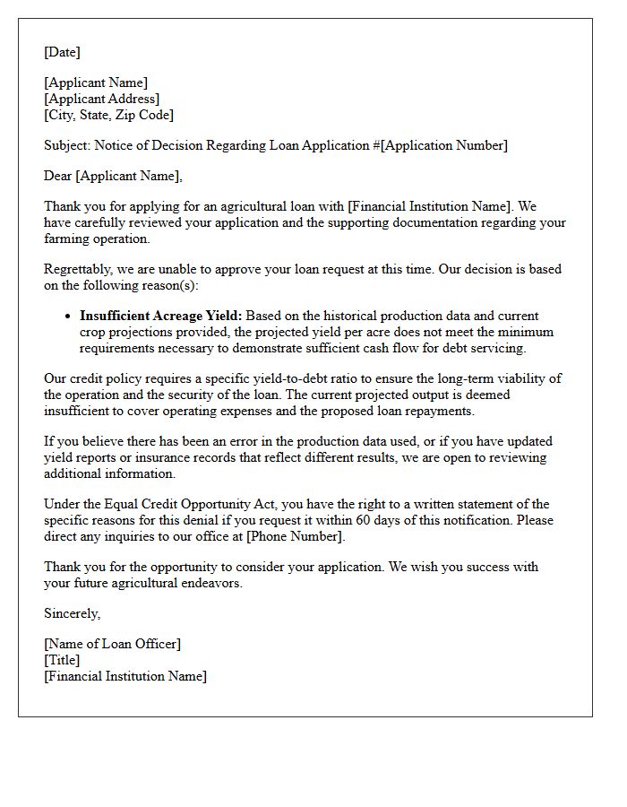 Agriculture Loan Insufficient Acreage Yield Denial Letter