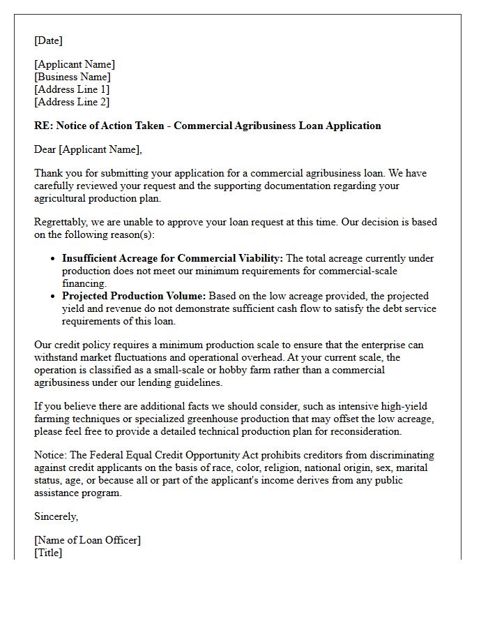 Commercial Agribusiness Loan Low Acreage Production Denial Letter
