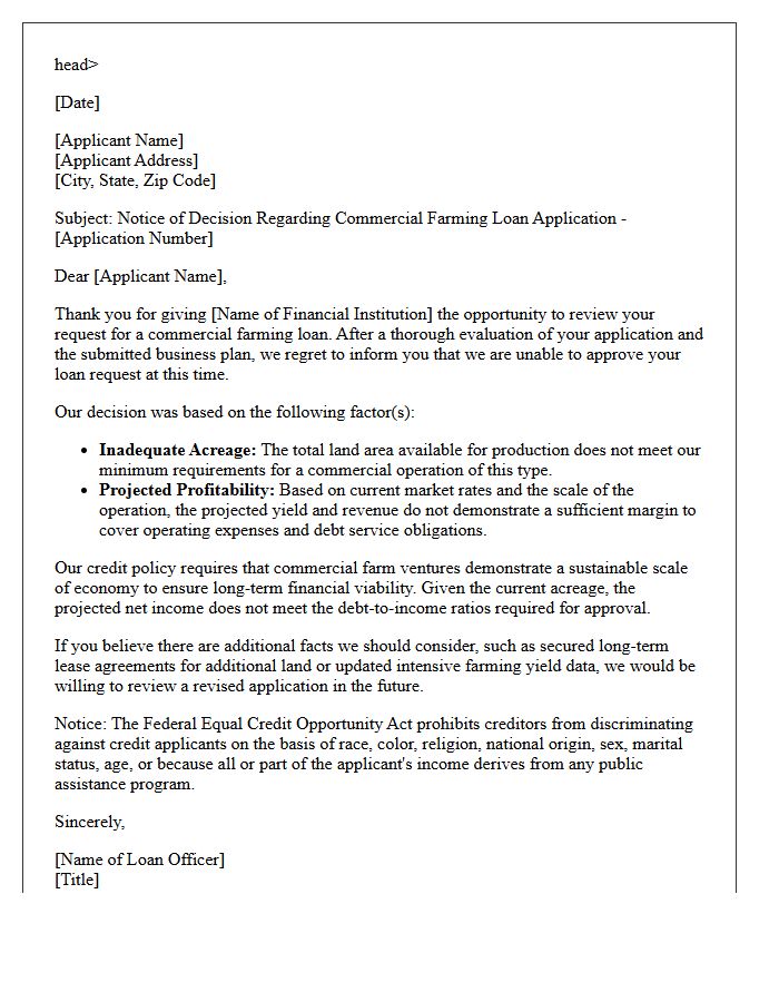 Commercial Farming Loan Inadequate Acreage Profitability Denial Letter