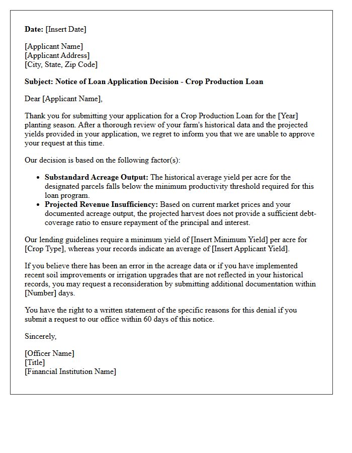 Crop Production Loan Substandard Acreage Output Denial Letter