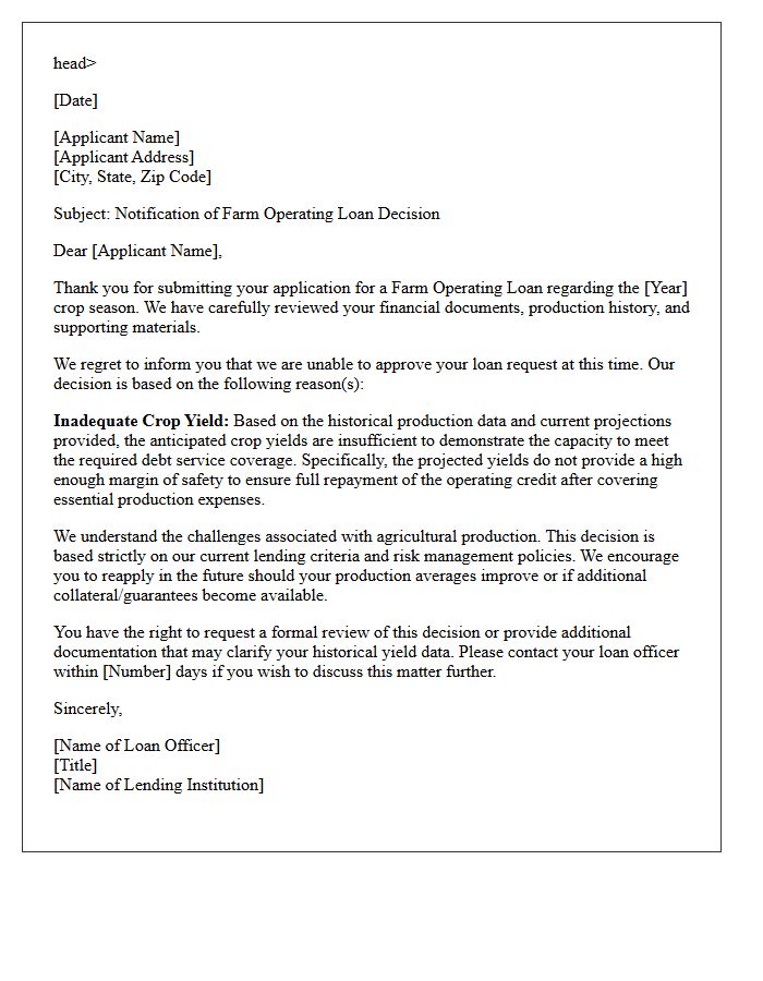Farm Operating Loan Inadequate Crop Yield Rejection Letter