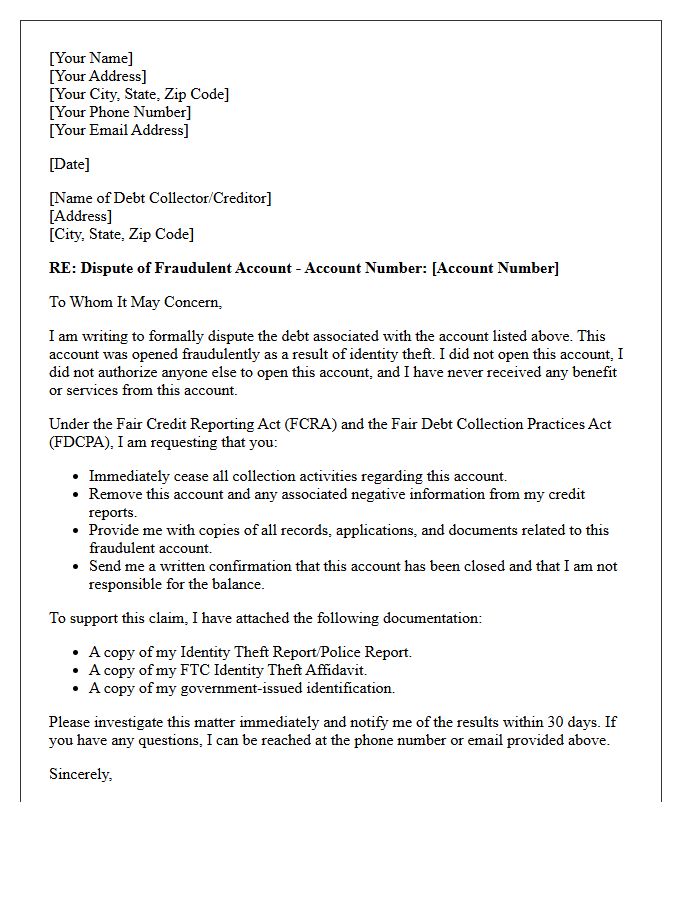 Fraudulent Account Debt Dispute Notice Letter