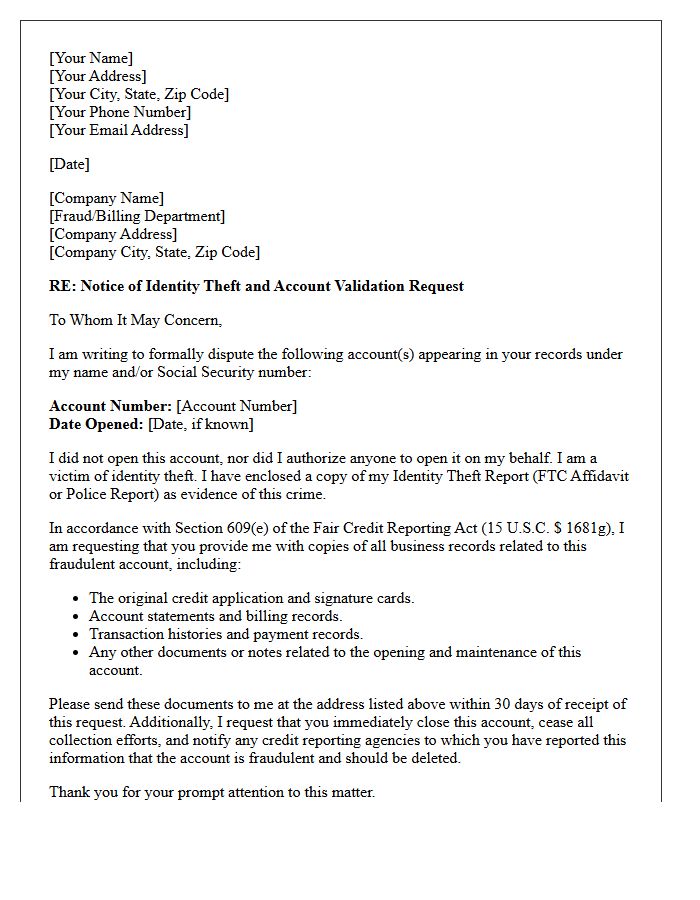 Stolen Identity Account Validation Request Letter