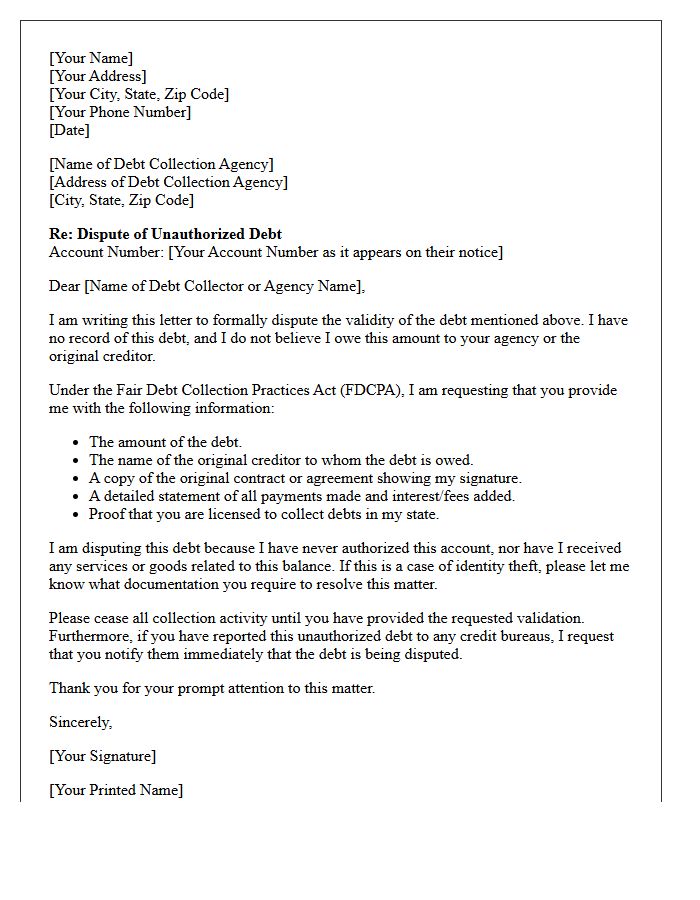 Unauthorized Debt Collection Dispute Letter
