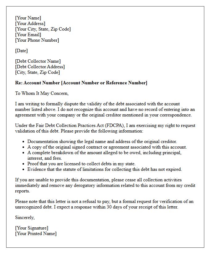 Unrecognized Account Debt Verification Letter