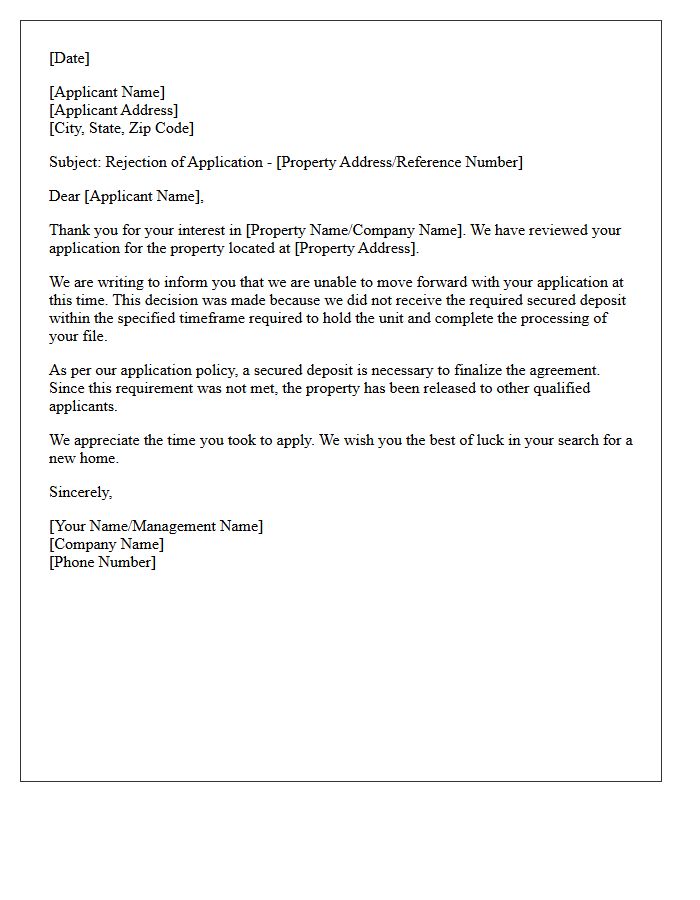 Application Rejection Letter Due to Missing Secured Deposit