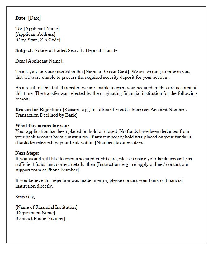 Failed Transfer for Secured Credit Card Deposit Rejection Letter