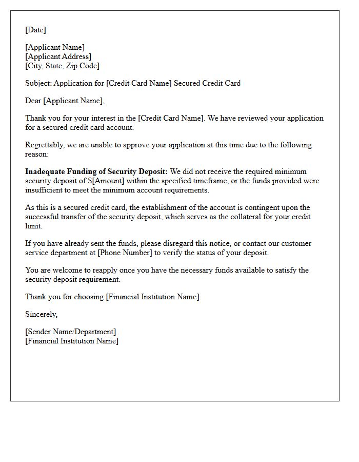 Inadequate Funding Secured Credit Card Rejection Letter