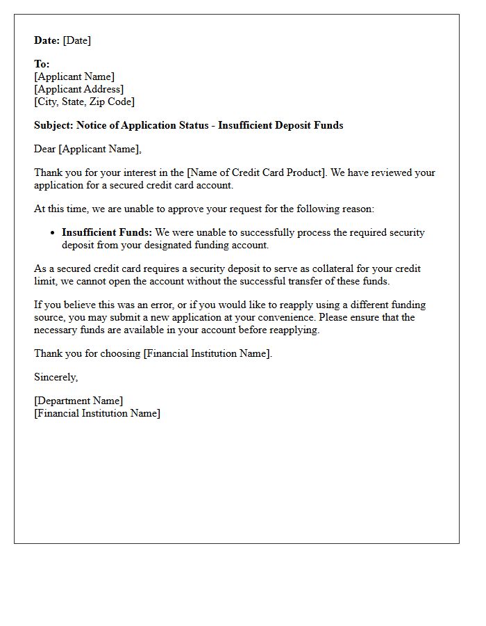 Insufficient Funds for Secured Credit Card Deposit Rejection Letter