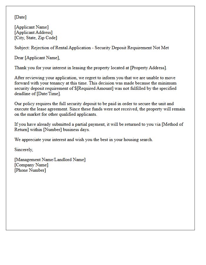 Minimum Security Deposit Unfulfilled Rejection Letter