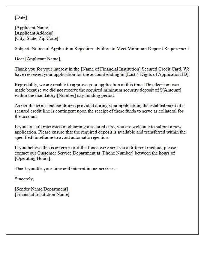 Notice of Rejection Letter for Secured Card Minimum Deposit Default