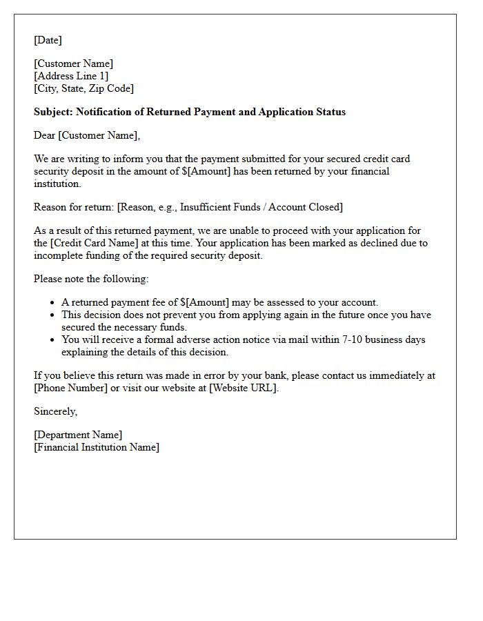 Returned Payment for Secured Credit Card Deposit Rejection Letter
