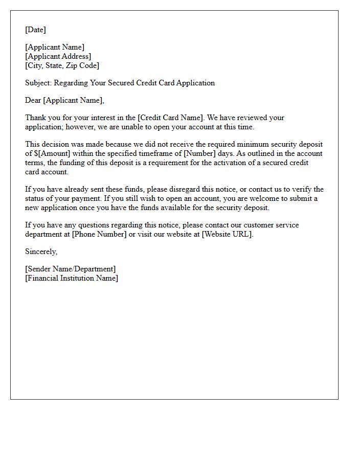 Secured Credit Card Minimum Deposit Failure Rejection Letter