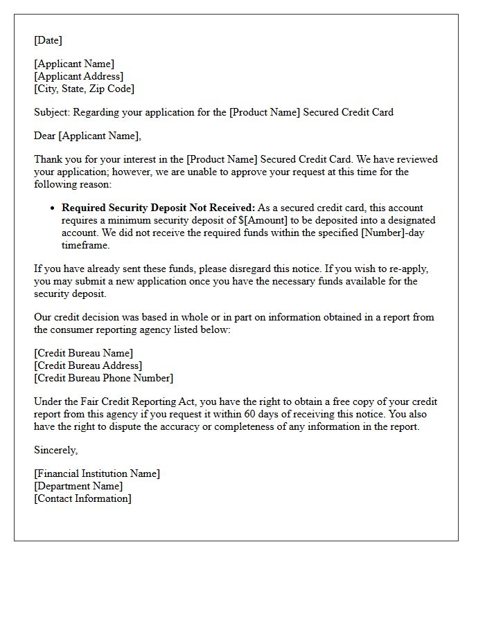 Unfunded Secured Credit Card Application Rejection Letter