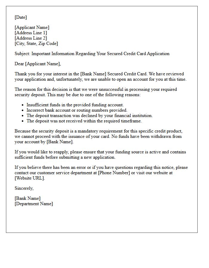 Unsuccessful Deposit Processing Secured Card Rejection Letter