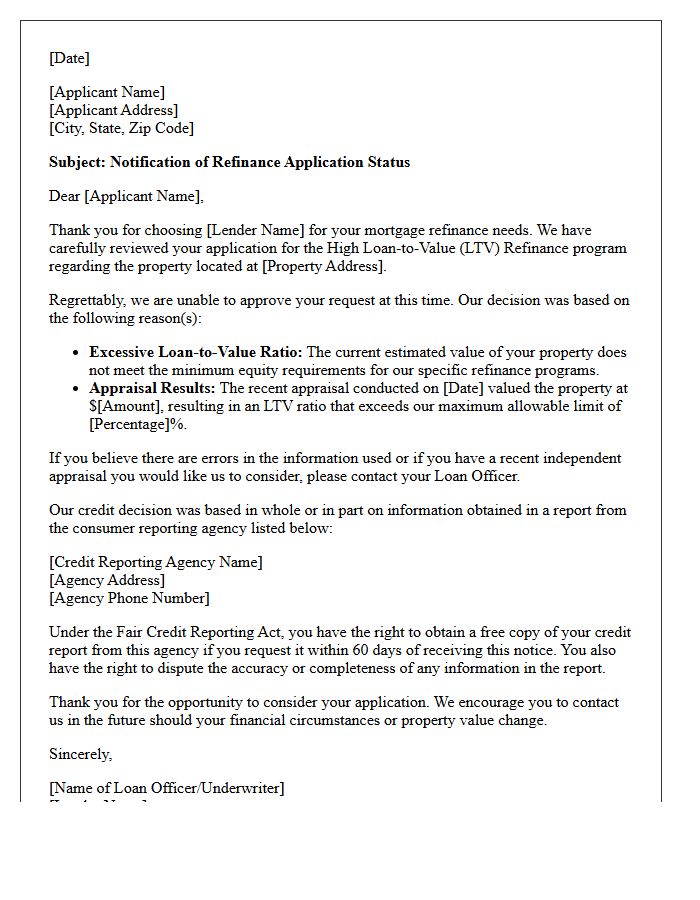 High Loan-to-Value Refinance Application Denial Letter