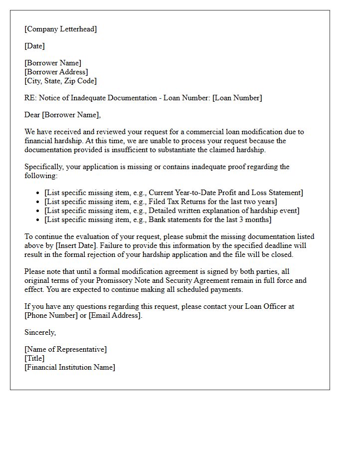 Commercial Loan Hardship Proof Inadequacy Rejection Letter