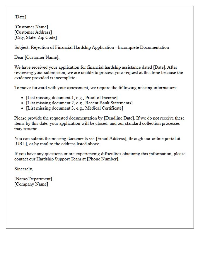 Incomplete Financial Hardship Evidence Rejection Letter
