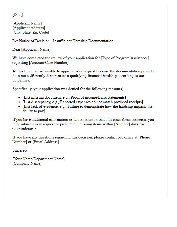 Insufficient Hardship Documentation Denial Letter