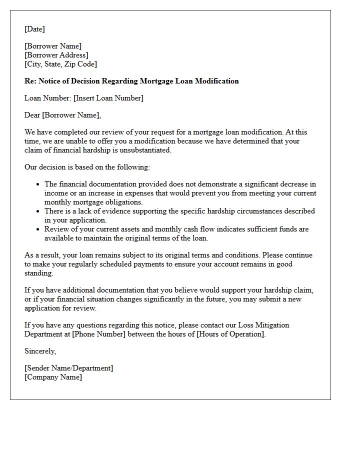 Unsubstantiated Hardship Claim Modification Decline Letter