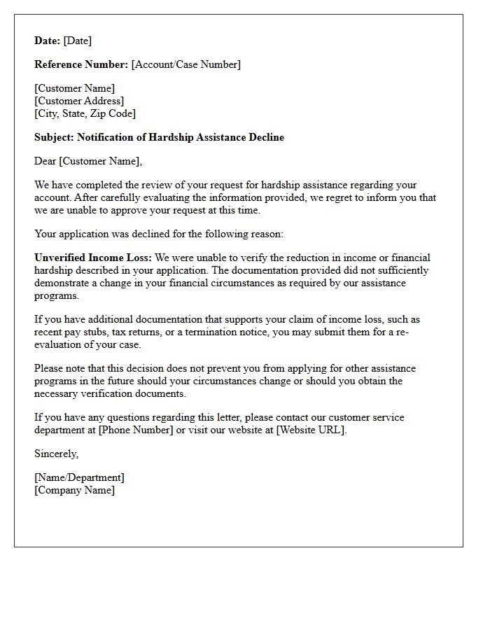 Unverified Income Loss Hardship Decline Letter