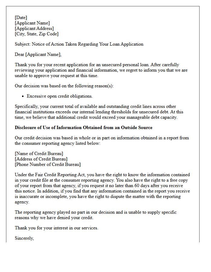 Excessive Open Credit Obligations Unsecured Personal Loan Denial Letter
