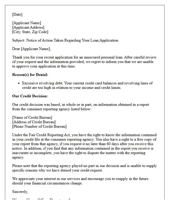 Excessive Revolving Debt Unsecured Personal Loan Denial Letter