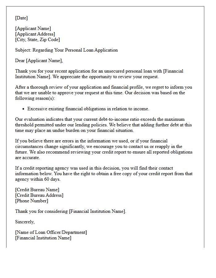 General Excessive Existing Obligations Unsecured Personal Loan Denial Letter