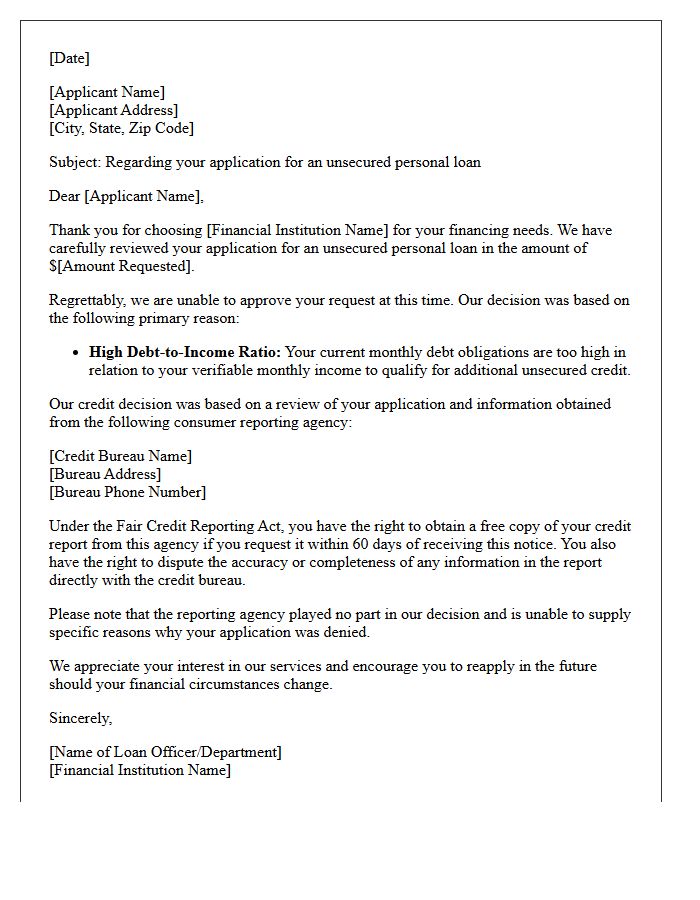 High Debt-To-Income Ratio Unsecured Personal Loan Denial Letter