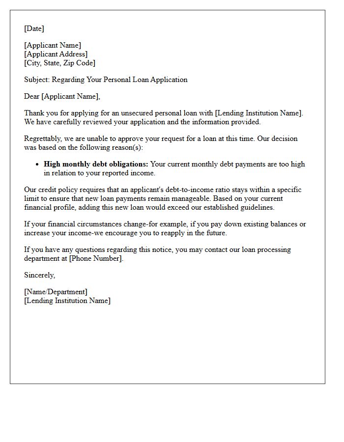 High Monthly Debt Payments Unsecured Personal Loan Denial Letter