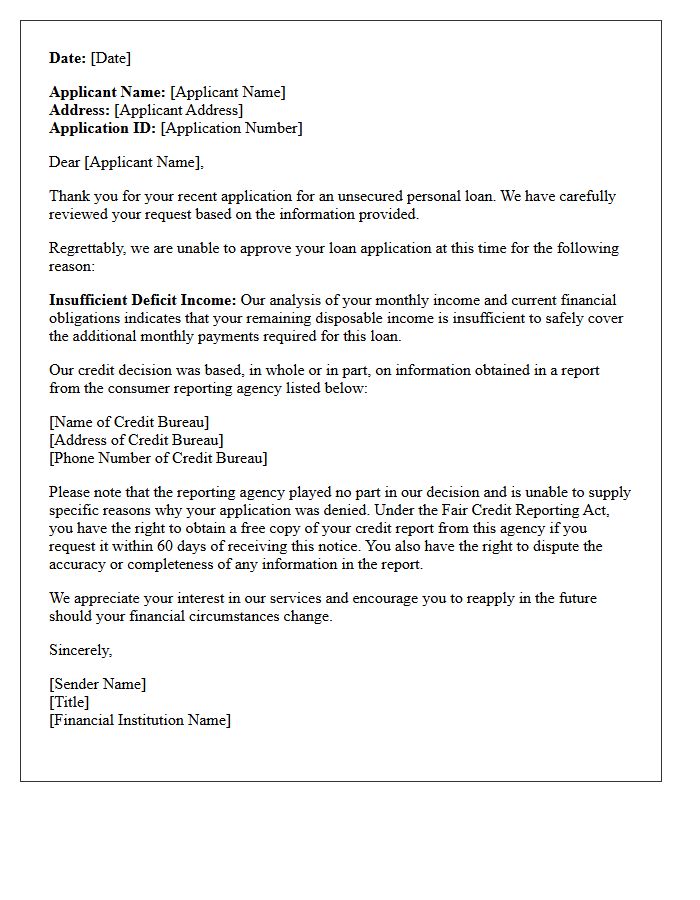 Insufficient Deficit Income Unsecured Personal Loan Denial Letter