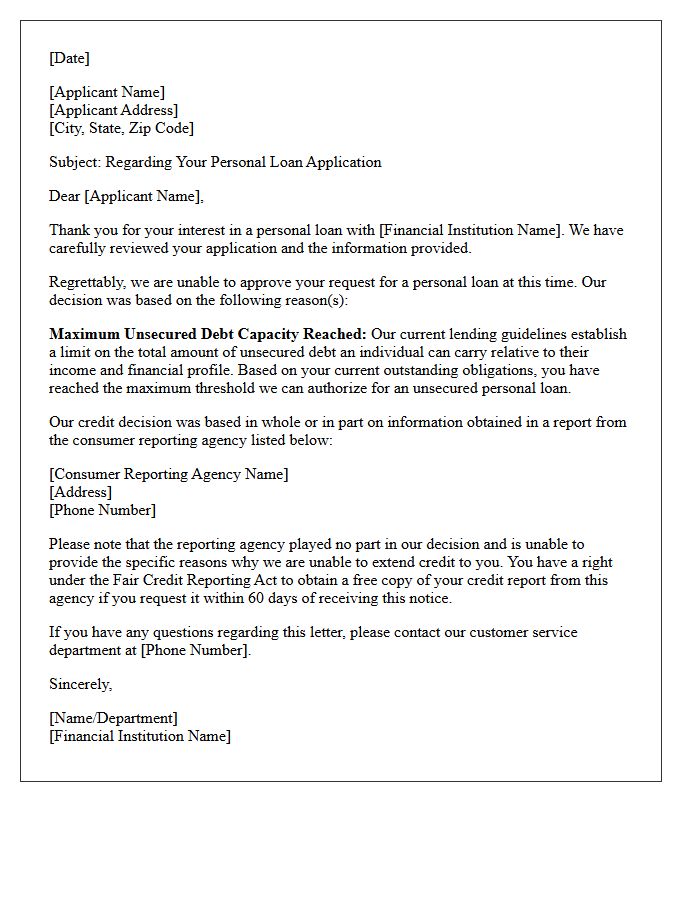Maximum Unsecured Debt Capacity Reached Personal Loan Denial Letter