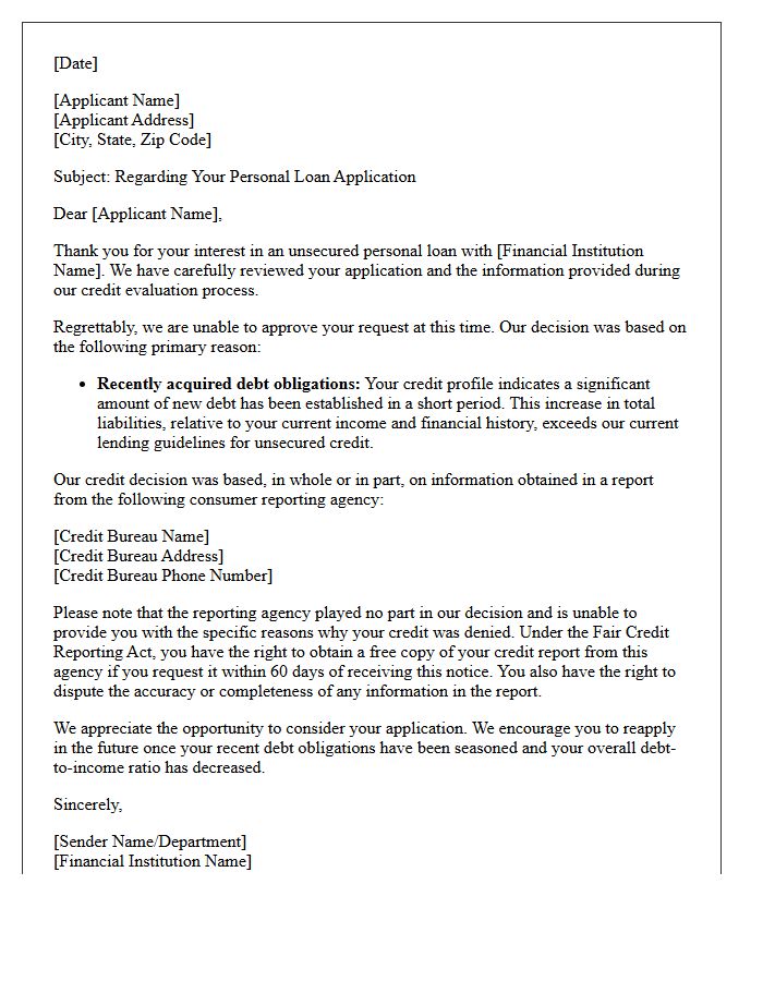 Recently Acquired Debt Obligations Unsecured Personal Loan Denial Letter