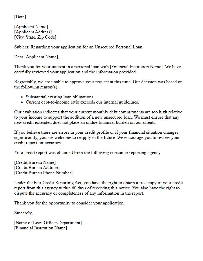 Substantial Existing Loan Obligations Unsecured Personal Loan Denial Letter