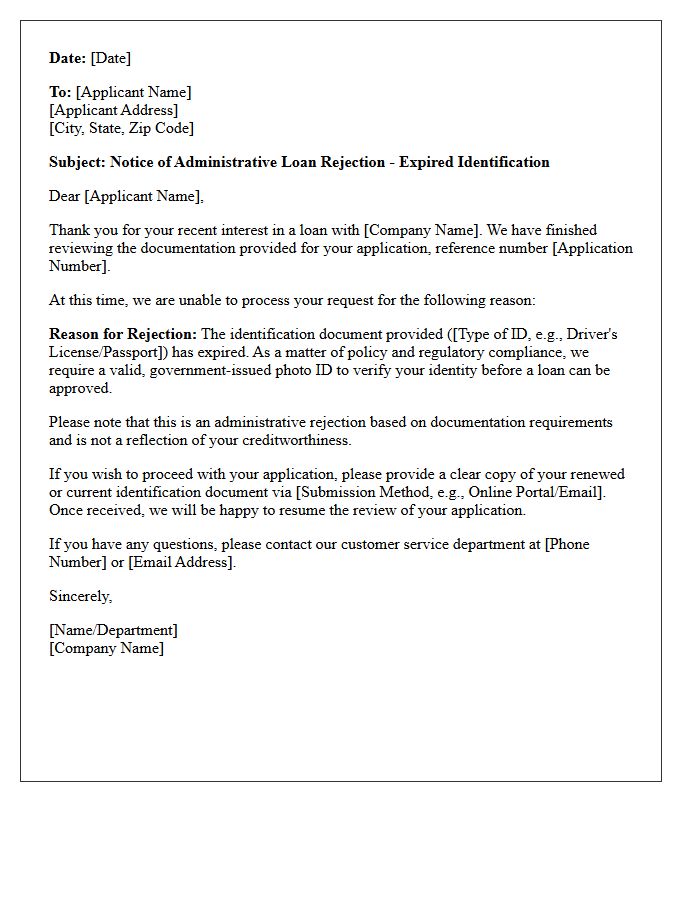 Expired Identification Document Administrative Loan Rejection Letter