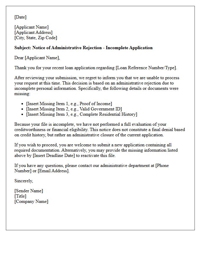 Incomplete Personal Information Administrative Loan Rejection Letter