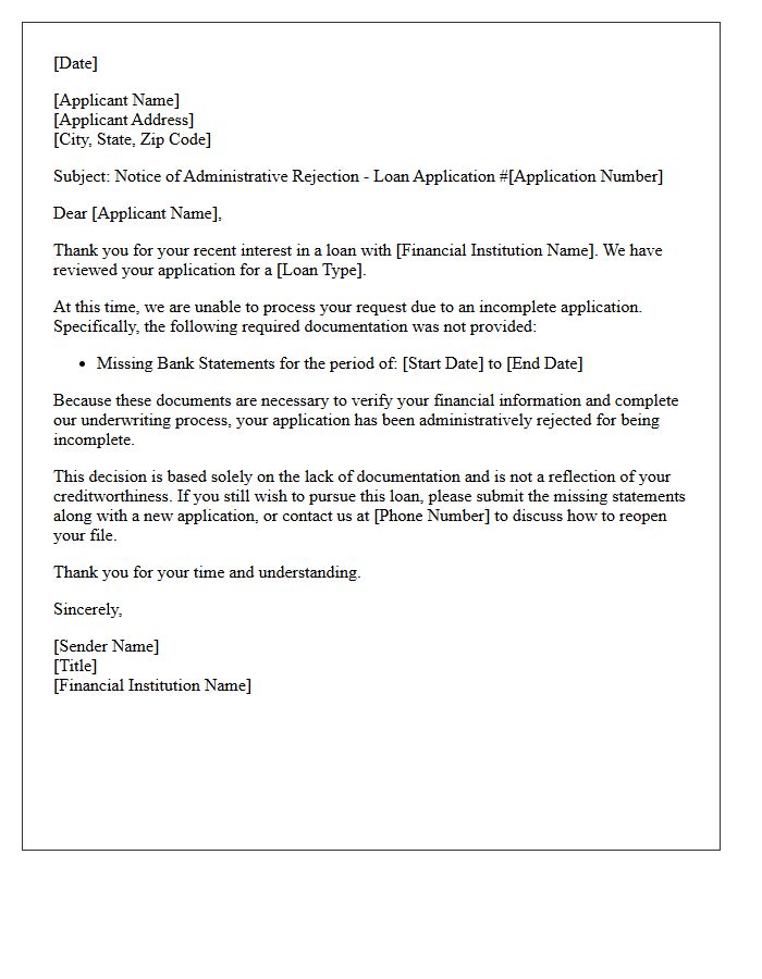 Missing Bank Statements Administrative Loan Rejection Letter