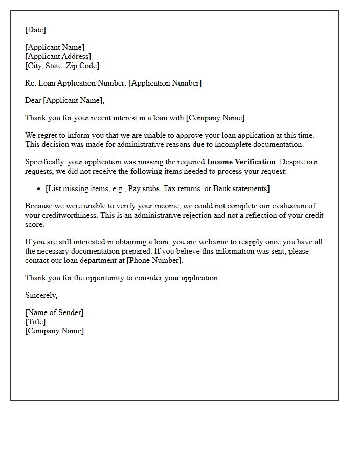 Missing Income Verification Administrative Loan Rejection Letter