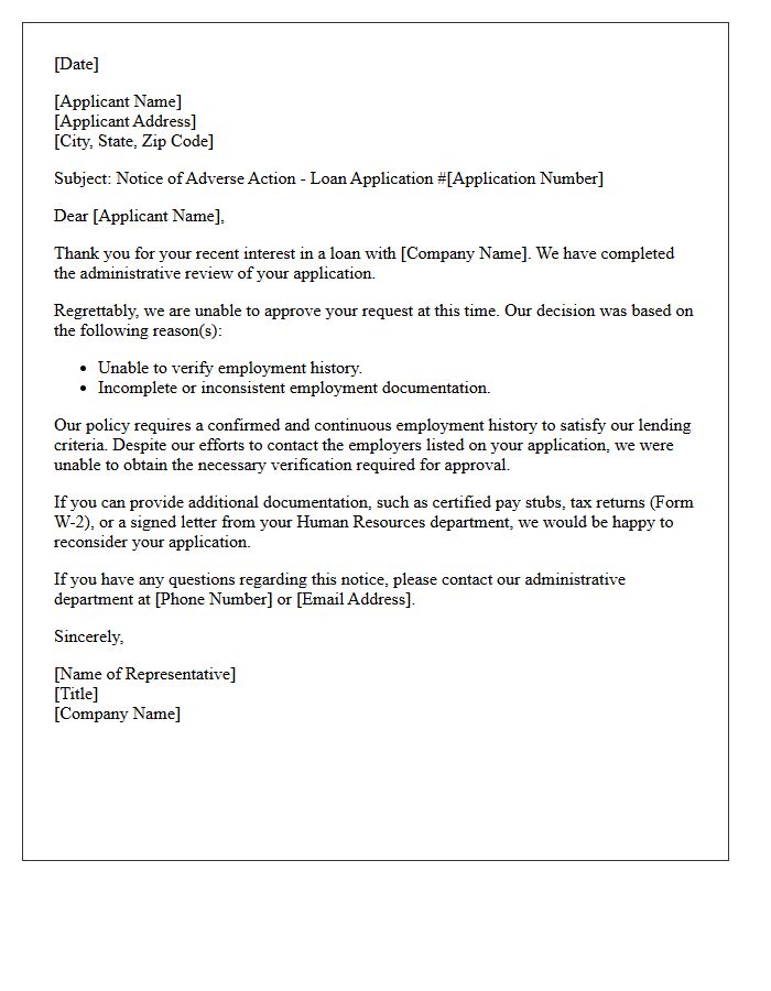 Unverified Employment History Administrative Loan Rejection Letter