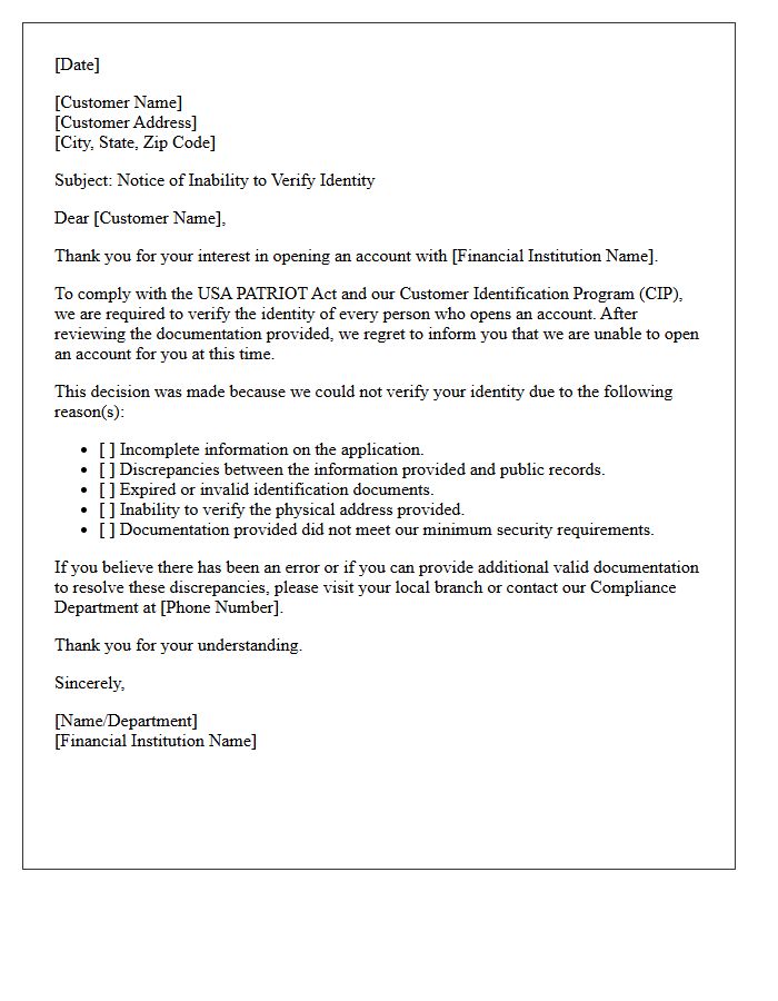 Customer Identification Program Compliance Rejection Letter