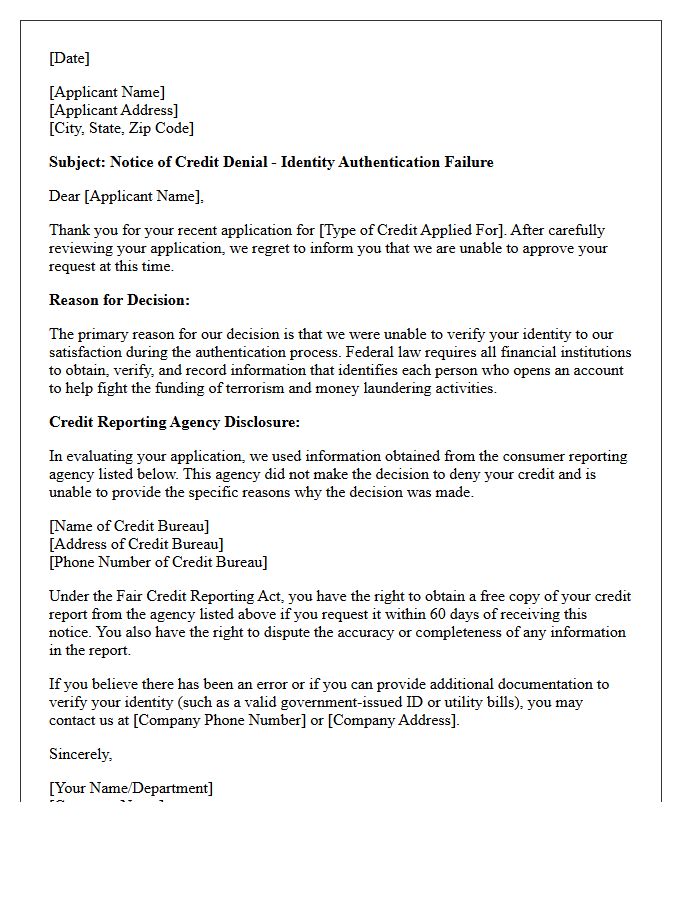 Identity Authentication Failure Credit Denial Letter